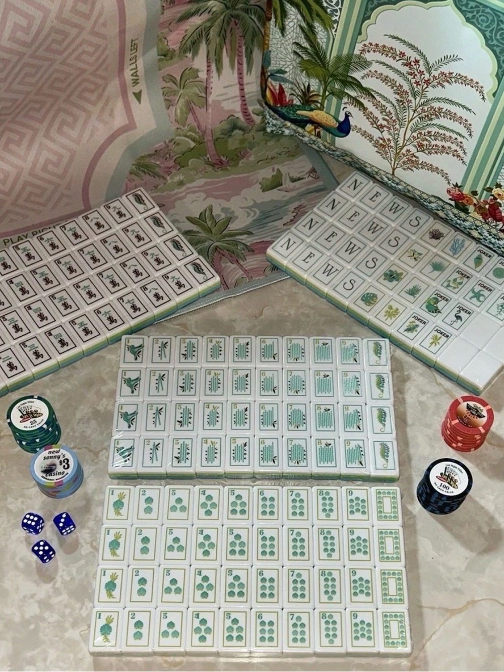 American Coastal Beach Theme Mahjong Set 160 Engraved Tiles Game Mat•Tile Clutch